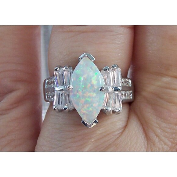 925 STERLING SILVER Marquise Lab Created White Fire Opal & CZ Ring - Picture 13 of 14